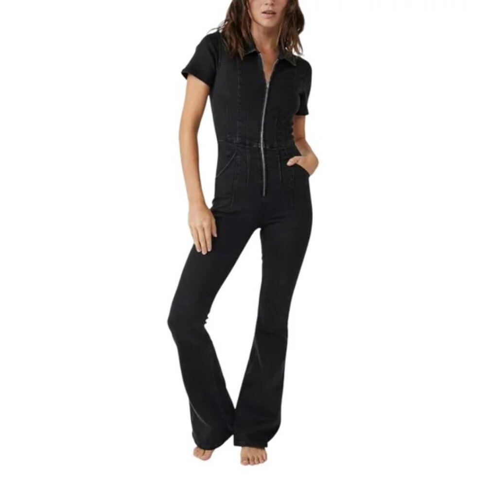 We the Free Jayde Twill Flare Black Short Sleeve Jumpsuit Size Large